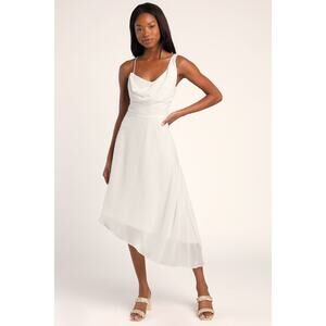 NWT Lulus‎ Take A Chance On Romance White Asymmetrical Swiss Dot Midi Dress